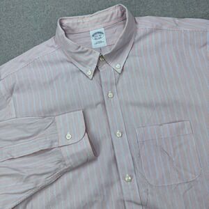Brooks Brothers 1818 Dress Shirt Mens 17.5 34 (XL) Slim Fit Red Blue Striped‎